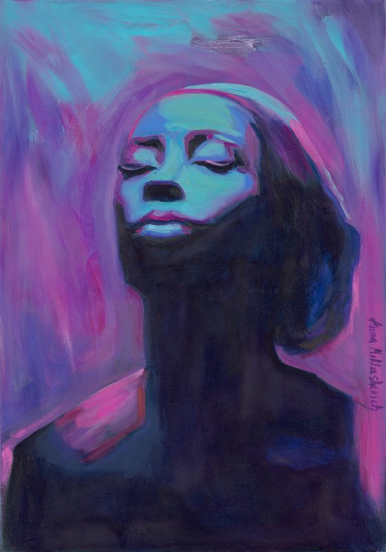 Celebrity portrait: African American woman figure in purple and lavander