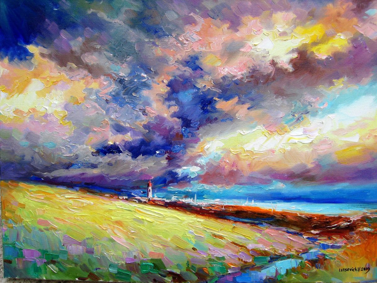 Impressionistic Landscape Oil Painting By Vladimir Lutsevich, 20 X 16", Landscape In Crimea. Storm Is Coming, Original Artwork