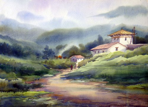 Mysterious Himalaya Landscape-Watercolor on Paper by Samiran Sarkar