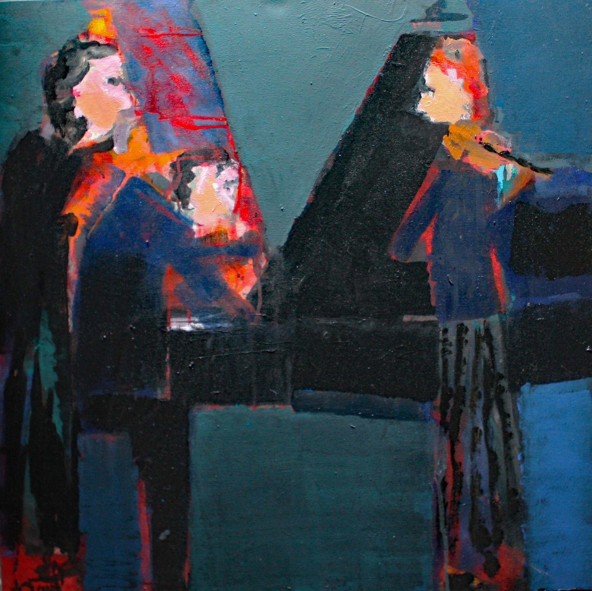 Geometric Portrait Acrylic Painting By Jacques Donneaud, 31 X 31, Concerto Lumiere Bleue, Original Artwork