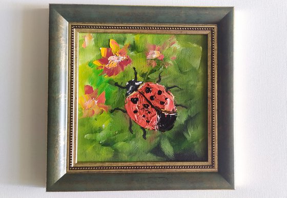 Ladybird, original small framed oil painting, gift idea, art for home