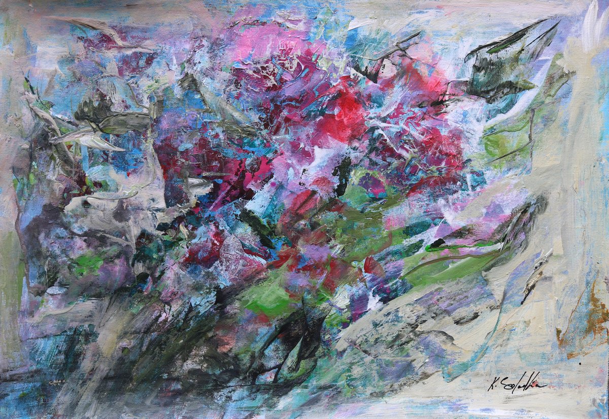 Expressive Botanical Acrylic Painting By Katia Solodka, 17 X 12", Garden Of Dream 6, Original Artwork