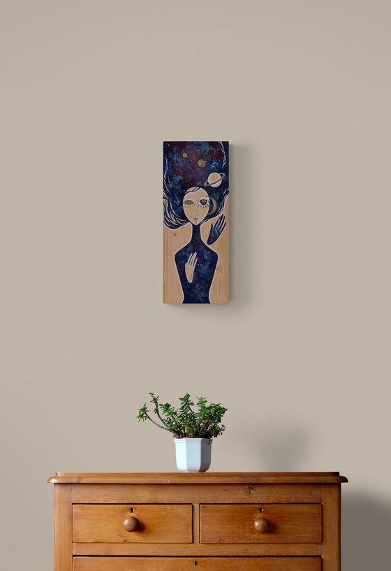 Touch of Eternity, visionary art, space girl, acrylic painting on wood