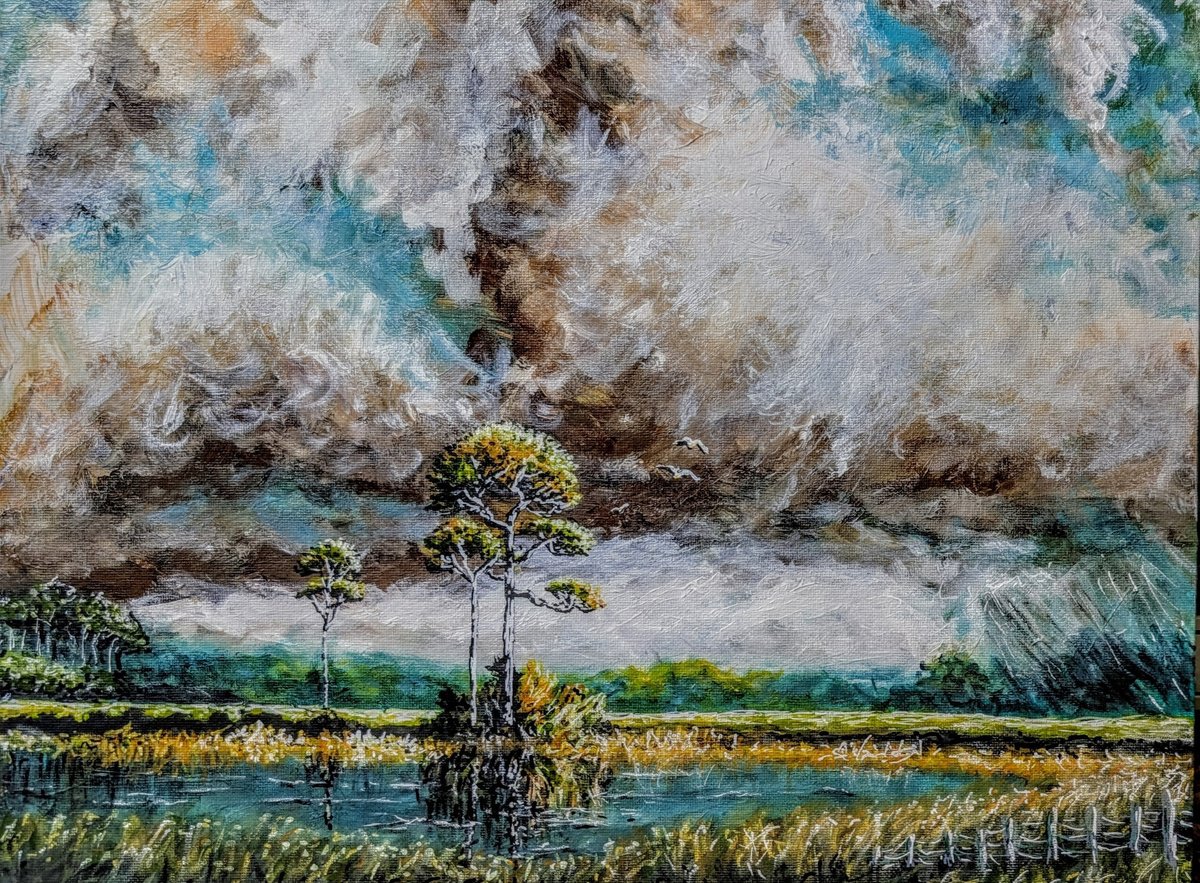 Impressionistic Landscape Acrylic Painting By Robbie Potter, 16 X 12", Highwaymen Florida Landscape, Original Artwork