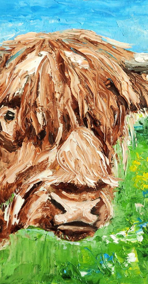 Highland Cow Painting Original Art Farm Animal Artwork Cow Wall Art by Yulia Berseneva