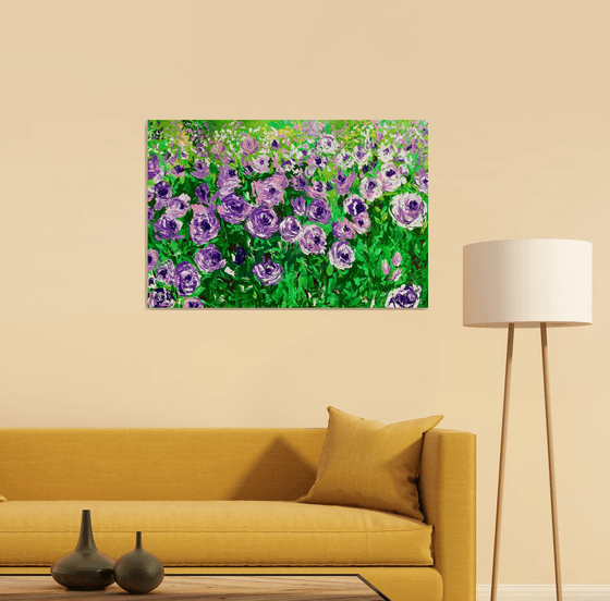 FIELD OF PURPLE PINK WHITE  ROSES  palette knife modern decor MEADOW OF FlOWERS, LANDSCAPE,  office home decor gift