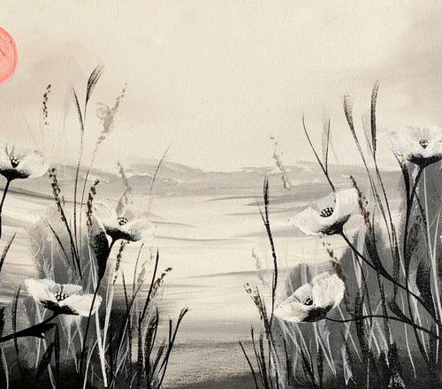 Black and silver poppies under a pink full moon by Marja Brown