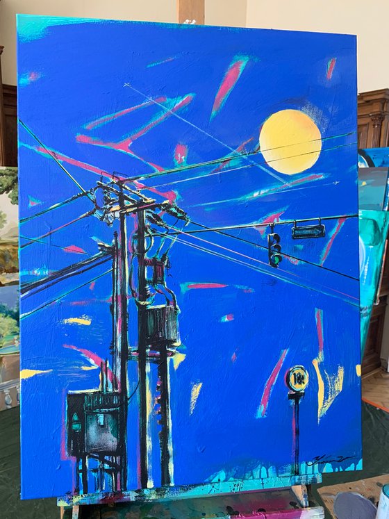 Urban painting - "Yellow moon" - Pop art - Bright - Street art - Electric pole - Urban - Sunset