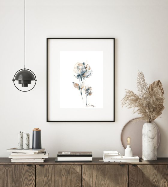 Peonies in muted blue and peach flowers watercolor painting 2 set