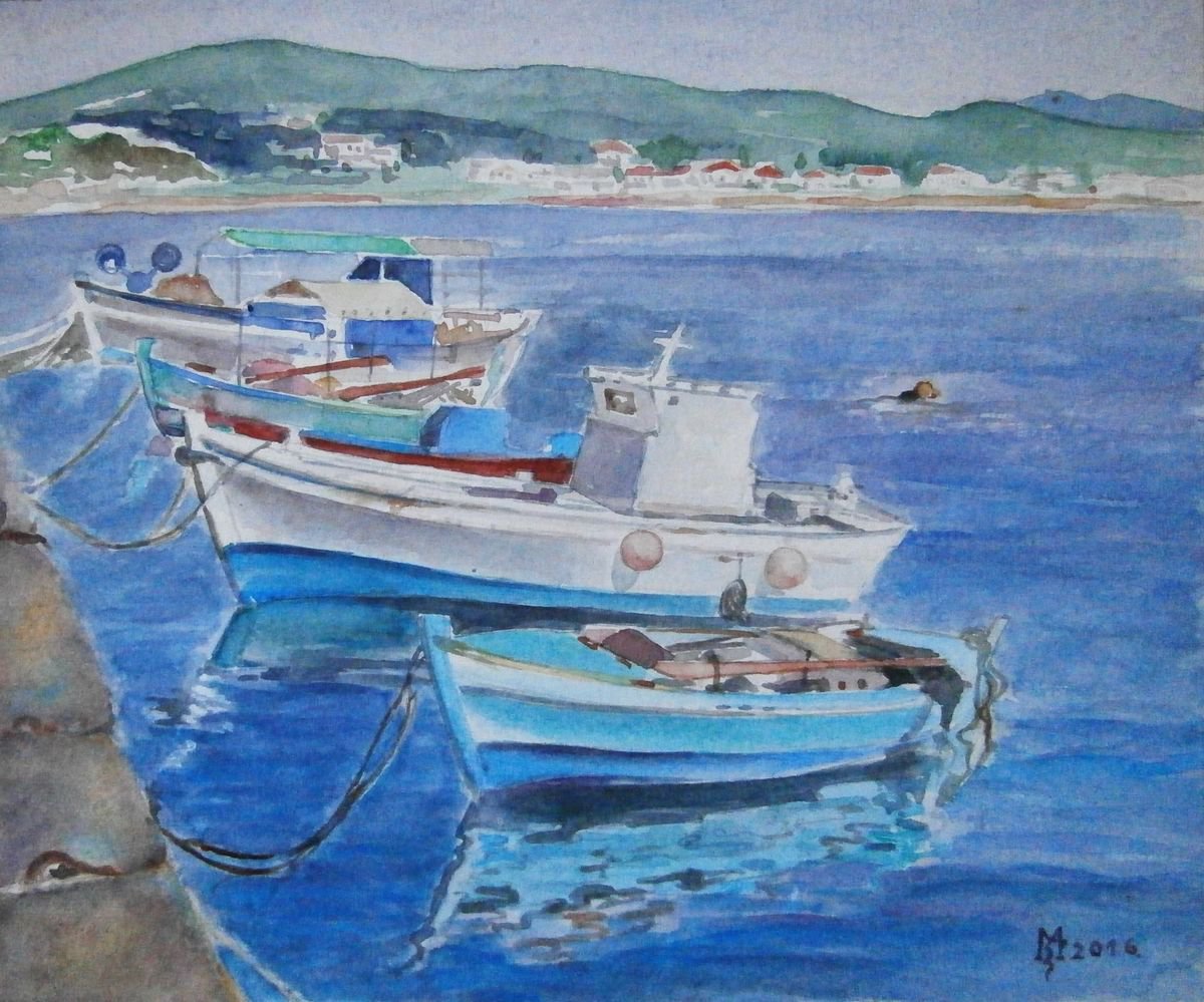 Impressionistic Landscape Watercolour By Zoran Mihajlovic Muza, 9 X 8", Ships In The Harbour, Original Artwork