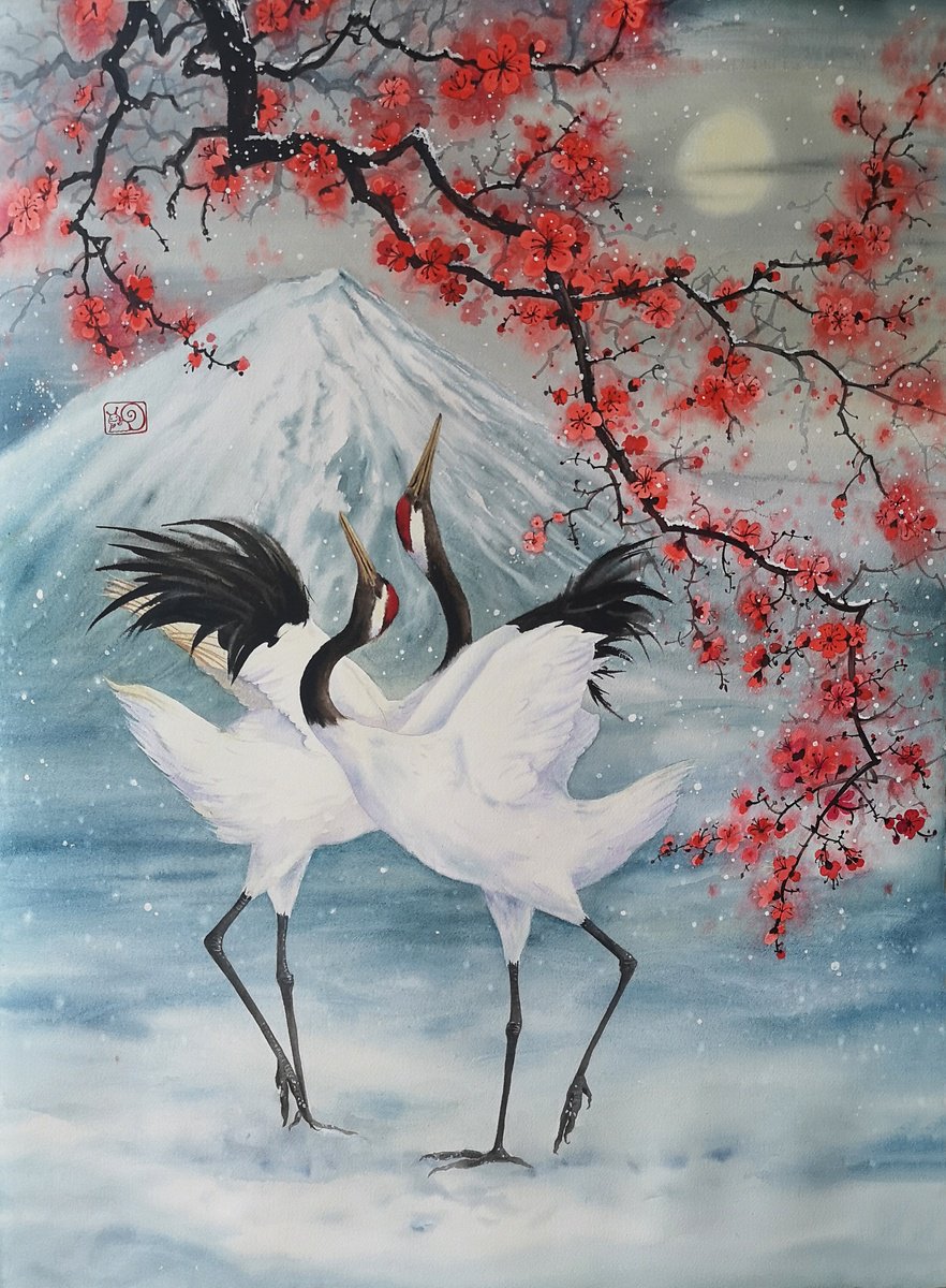Japanese Red Crowned Cranes Dance and Plum Blossom - pink blossoms - spring blossom - moun... by Olga Beliaeva Watercolour