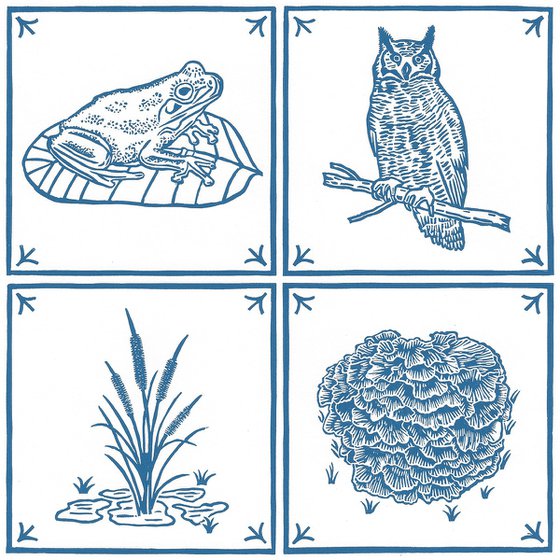 Frog/Great Horned Owl/Cattail/Hen of the Woods