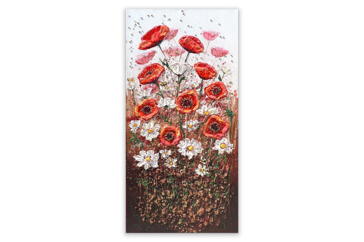 Impressionistic Botanical Acrylic Painting By Amanda Dagg, 15 X 30, Radiant Poppy Meadow, Original Artwork