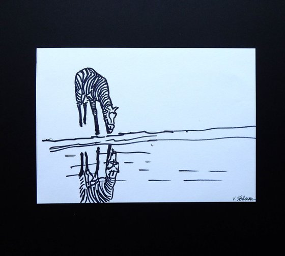 Lonely Zebra. Silhouette. Black and White drawing.