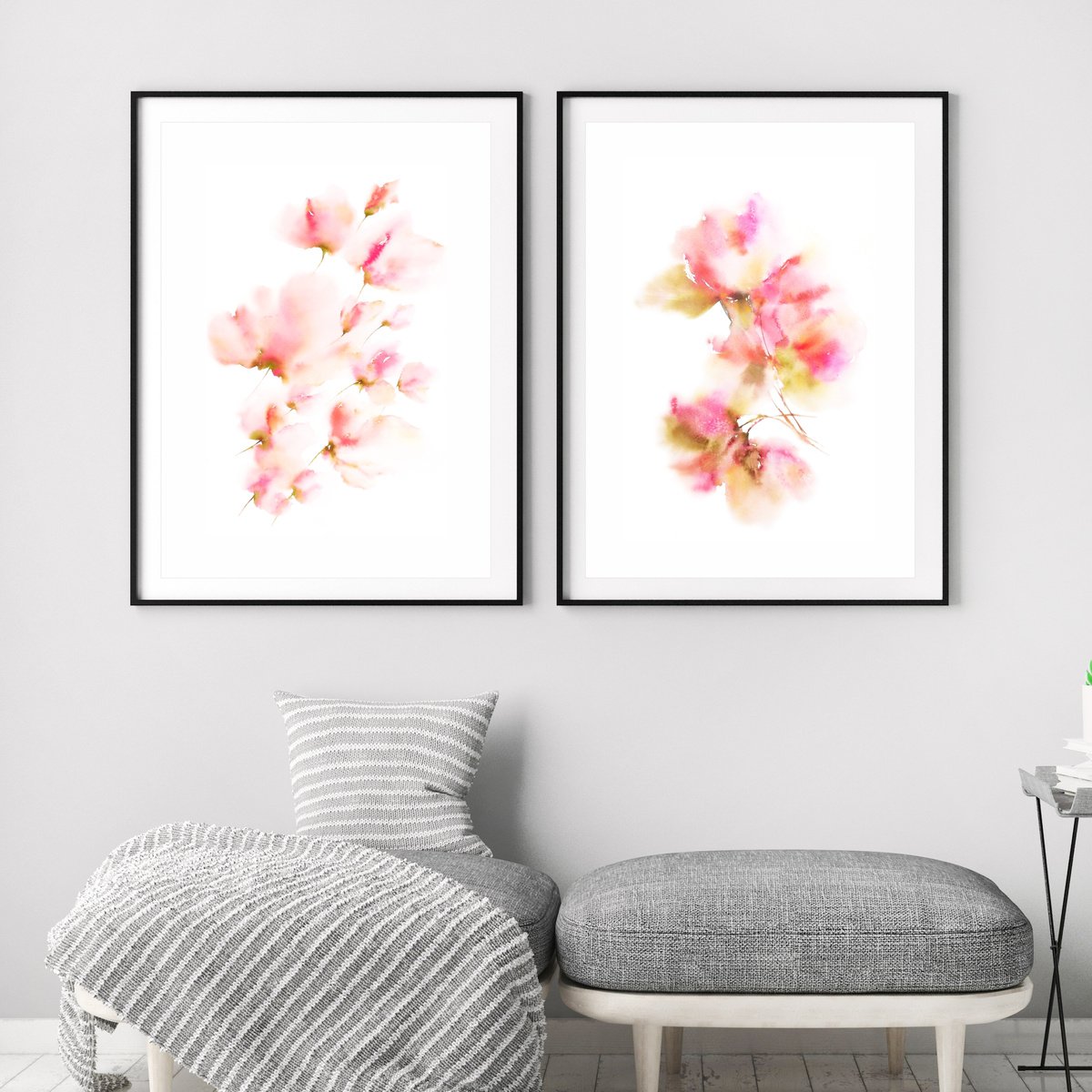 Abstract watercolor flower painting set Apple blossom by Olya Grigo