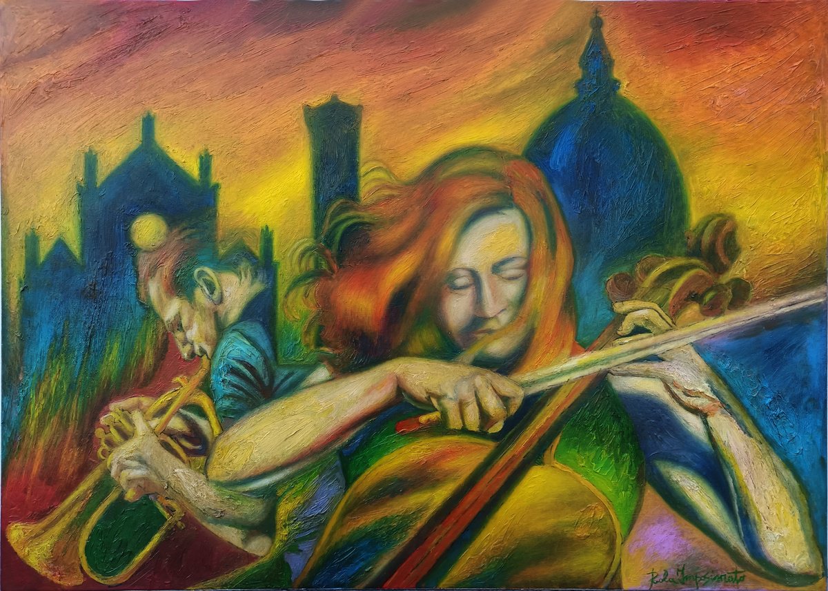 Expressive Portrait Oil Painting By Paola Imposimato, 28 X 20", Sundown Concert, Original Artwork