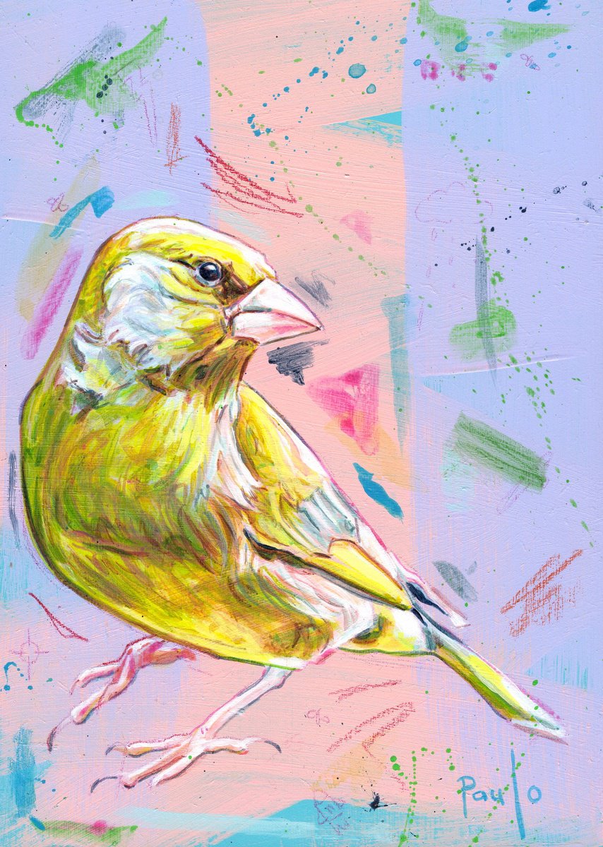 Illustrative Animal Acrylic Painting By Paul Ward, 6 X 8", Greenfinch, Original Artwork