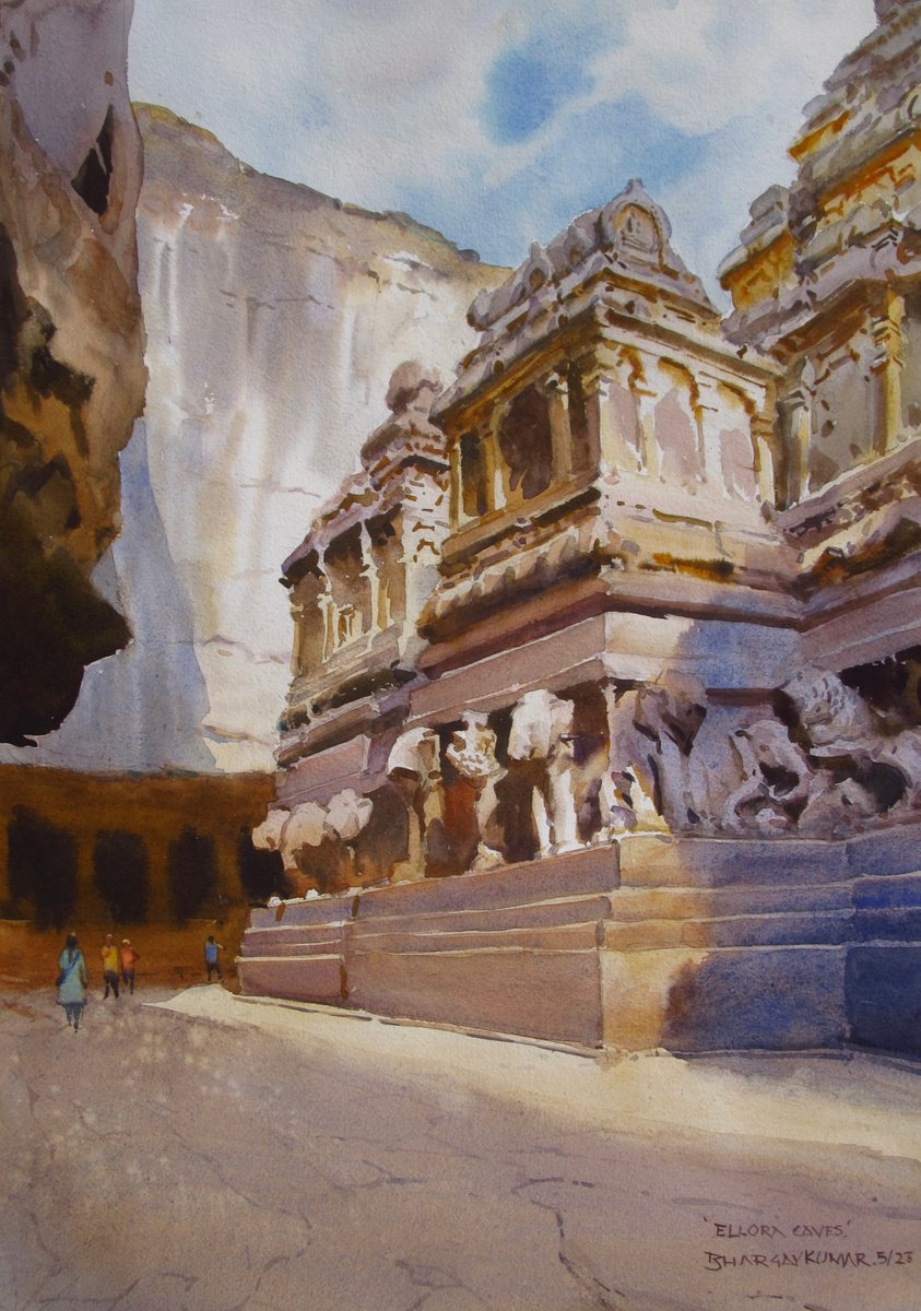Impressionistic Cityscapes Watercolour By Bhargavkumar Kulkarni, 14 X 19, Mountain Had A Dream,Ellora 8, Original Artwork