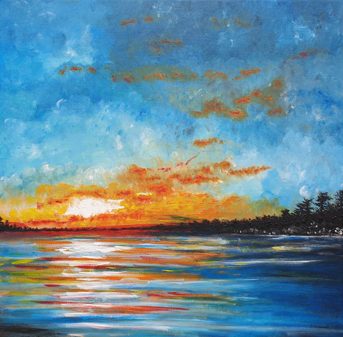 Photorealistic Landscape Acrylic Painting By Daniel Urbani?k, 16 X 16, Setting Sun, Original Artwork