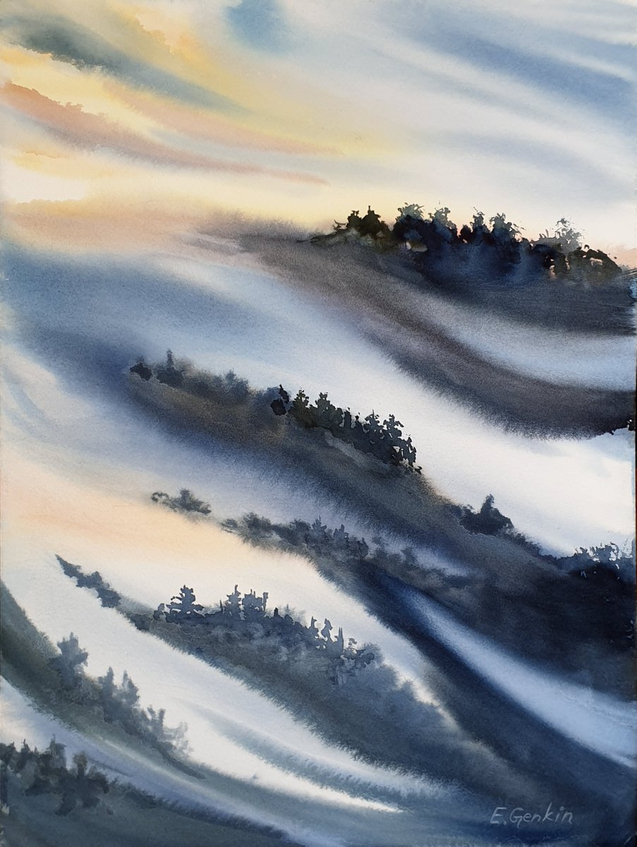 Impressionistic Landscape Watercolour By Elena Genkin, 12 X 16, Lullaby Of The Fairy Tale Waves. Yellow Waves, Original Artwork