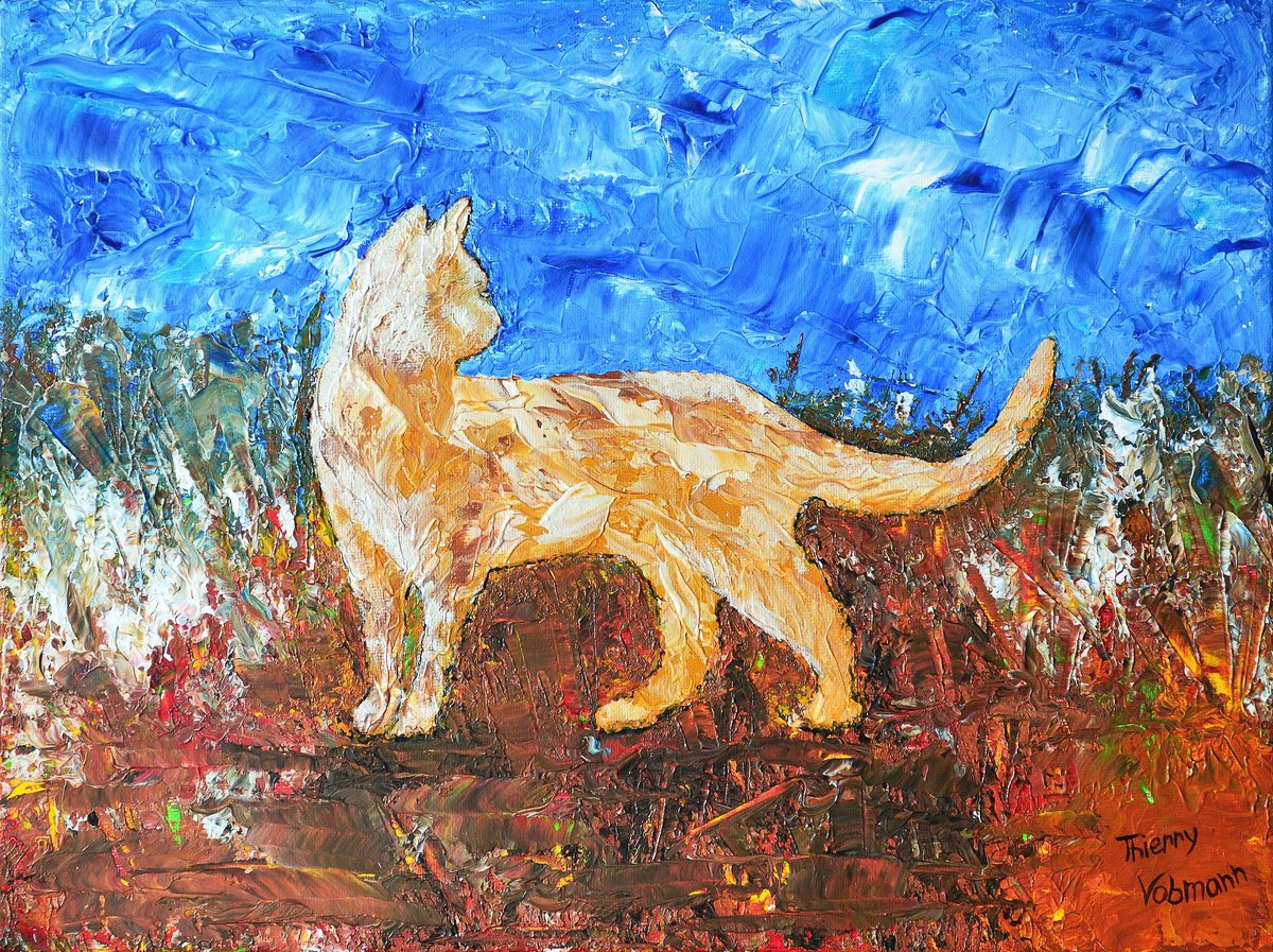 Impressionistic Animal Acrylic Painting By Thierry Vobmann. Abstract ., 16 X 12", Golden Cat, Original Artwork