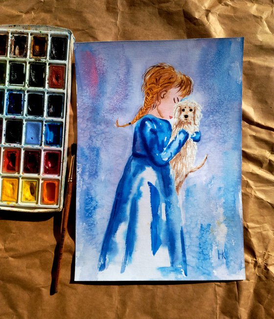 Girl and Dog Painting Portrait Original Art Girl and Puppy Small Watercolor Artwork Home Wall Art 8 by 12" by Halyna Kirichenko