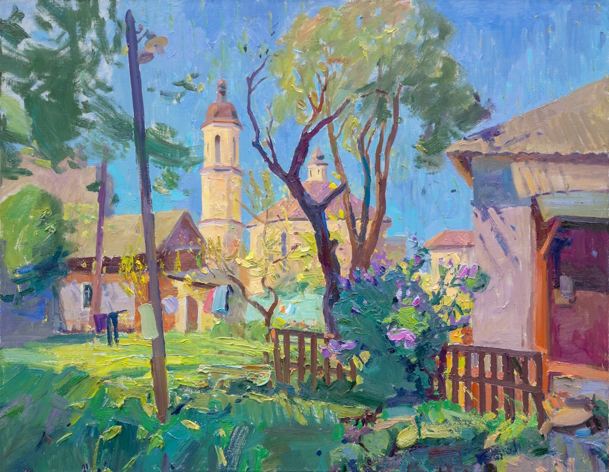 Impressionistic Landscape Oil Painting By Victor Onyshchenko, 35 X 28", Courtyard On Zelena Street, Original Artwork