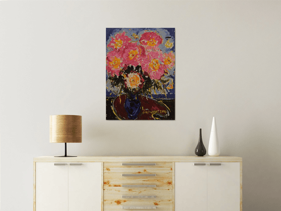 PEONIES IN A BLUE VASE - Floral art, original oil painting, still-life with flowers, bouquet of flowers, peony, red pink blue, impressionist, interior art home office decor, gift 80x60