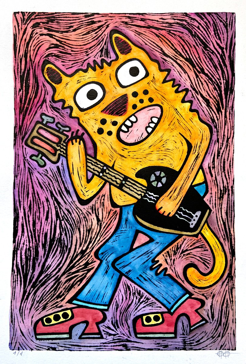 Animal Linocut By Nikita Ostapenco, 11 X 15", ?at With Guitar, Color #1, Original Artwork