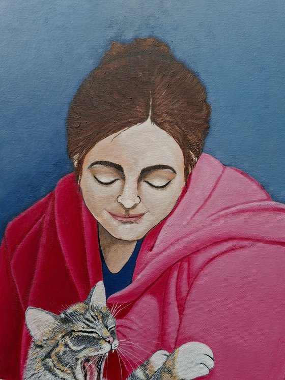 Woman With Yawning Cat