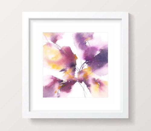 Mini painting with purple abstract flowers by Olga Grigo