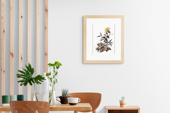 Yellow chrysanthemum and bamboo near the stone - Oriental Chinese Ink Painting