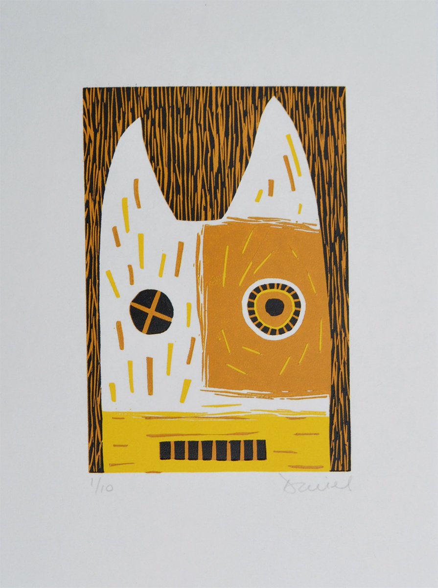 Portrait Linocut By Julian Davies, 7 X 9", Beastie, Original Artwork