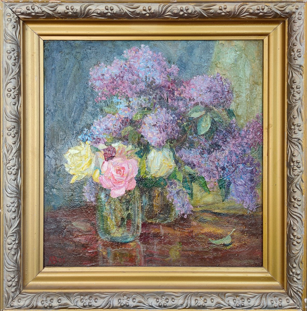 Impressionistic Still Life Oil Painting By Viktor Mishurovskiy, 15 X 16", Lilac And Roses, Original Artwork