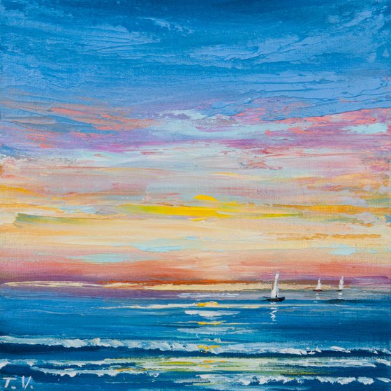 Ocean. Sunset. Oil painting. 6 x 6in.