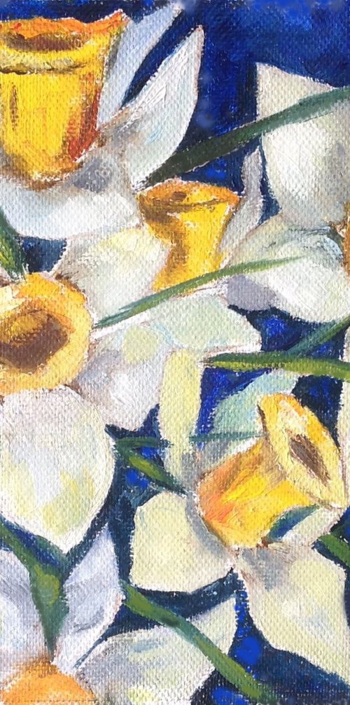 Early daffodils on blue by Liubov Samoilova
