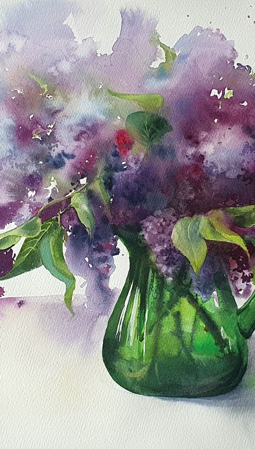 Spring bouquet: lilacs in green jug by Natasha Sokolnikova