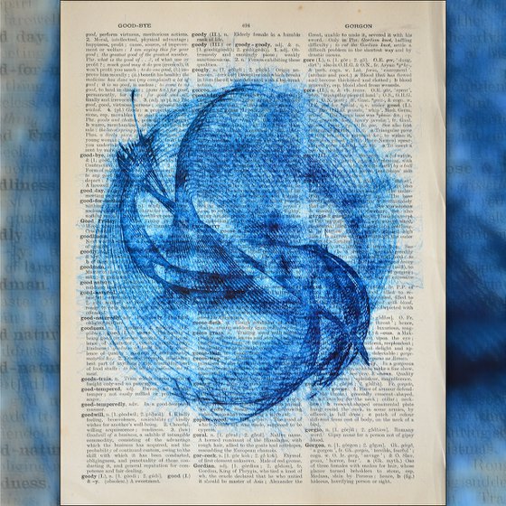 Blue Vibrations 1 - Collage Art on Large Real English Dictionary Vintage Book Page