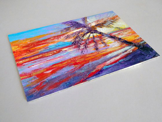 Hawaii Painting Palm Tree Original Art Seascape Impasto Oil Painting Boat Small Artwork