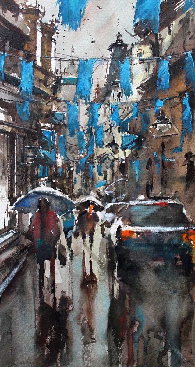 Impressionistic Cityscapes Watercolour By Maximo Damico, 8 X 15", The Blue Road, Original Artwork