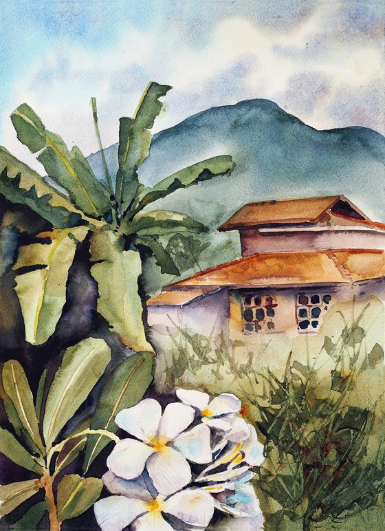 Thai house in the jungle - tropical original green watercolor