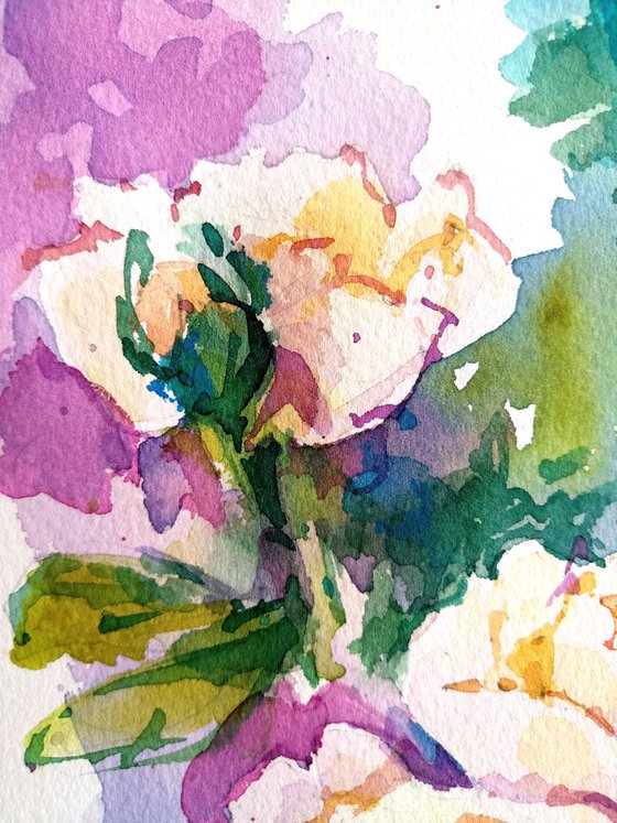 Bright summer landscape "Bushes of yellow roses at the walls and arches of an ancient castle" original watercolor painting