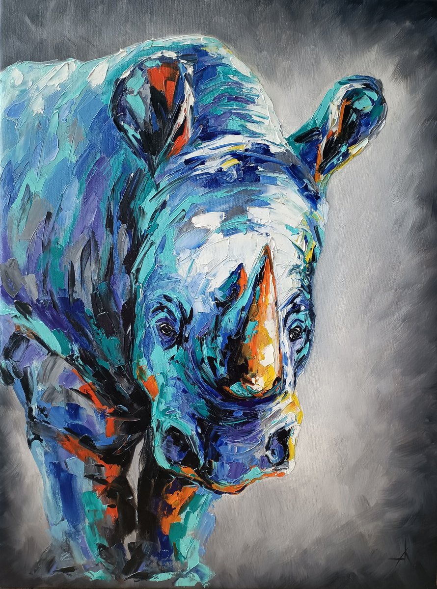 Impressionistic Animal Oil Painting By Anastasia Kozorez, 26 X 34, Power - Rhinoceros, Original Artwork
