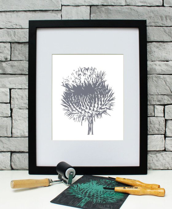 Scottish Thistle Grey - Linoprint - flower print - minimalist art