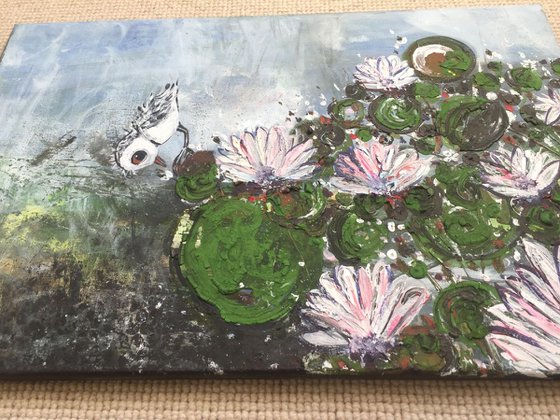 Pond and A Bird Acrylic Painting Birds and Animals Portrait Canvas Painting Ready to Hang Gift Ideas Pink Lotus Cute Birds Abstract Art For Sale Free Delivery