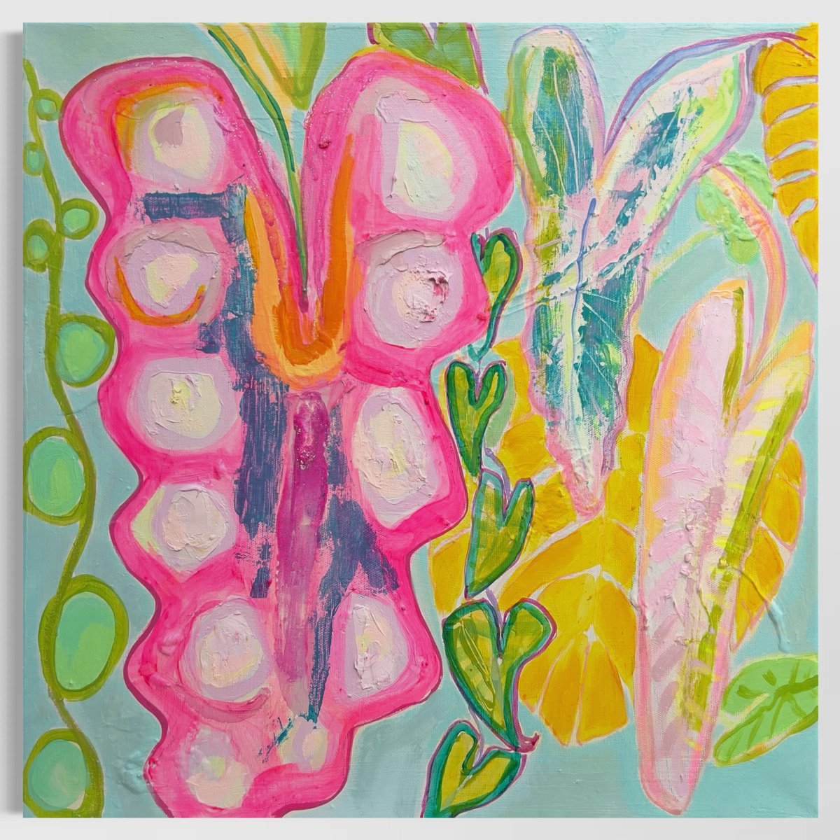 Organic Botanical Acrylic Painting By Kathryn Sillince, 20 X 20", Rainbow Alocasia Leaves Ii, Original Artwork