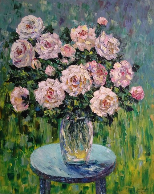 Pink roses (100x80cm, oil painting, palette knife) by Andranik Harutyunyan