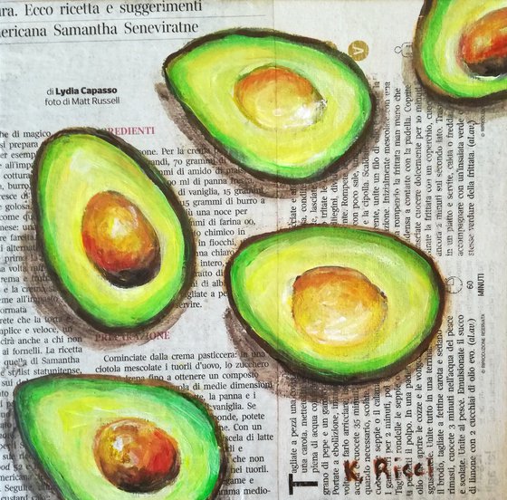 "Avocadoes on Newspaper" Original Acrylic on Canvas Board Painting 8 by 8 inches (20x20 cm)