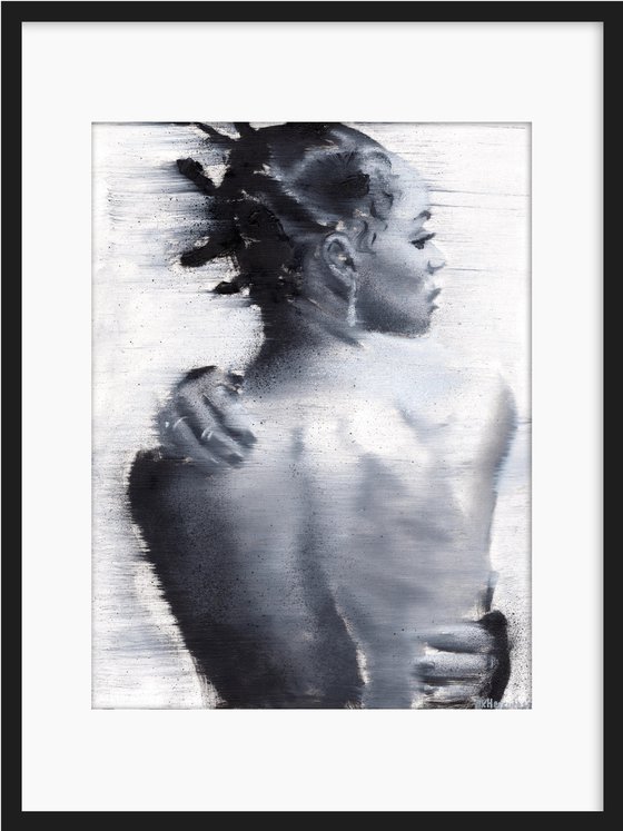 Najiyah | Black and white oil painting on paper | beautiful powerful make up fashion afro muse vibe woman lady