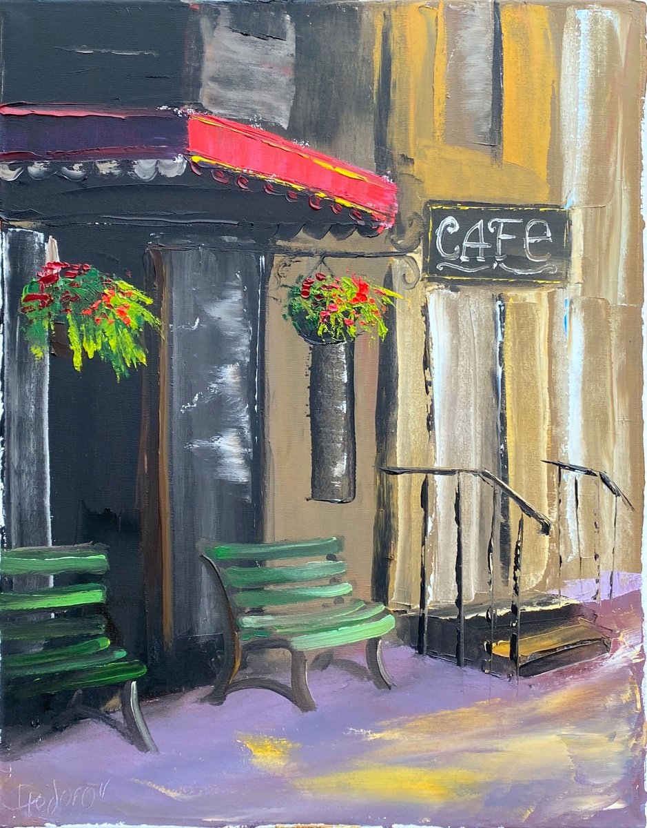 Impressionistic Cityscapes Oil Painting By Dmitry Fedorov, 16 X 20, Small Parisian Cafe, Original Artwork
